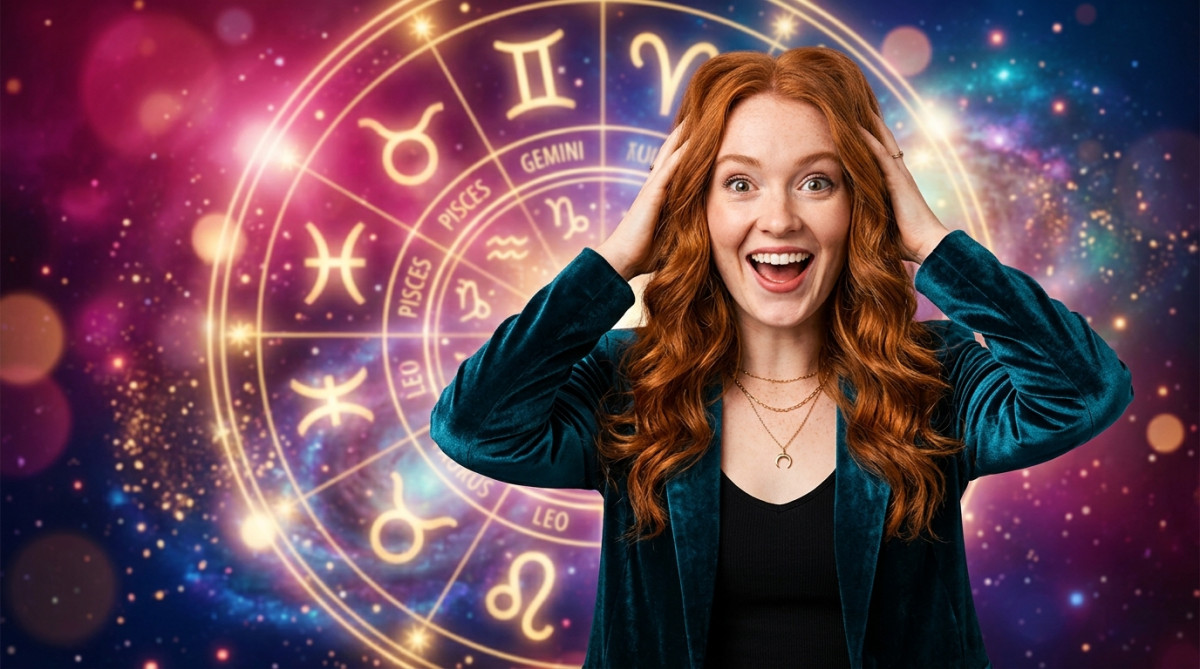 Femme sereine méditant sous un ciel étoilé mystique aux tons chauds pour l'horoscope du dimanche