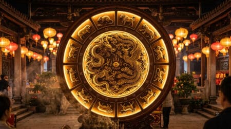 Femme sereine méditant sous une lumière dorée mystique symbolisant l'horoscope chinois du 17 septembre 2026