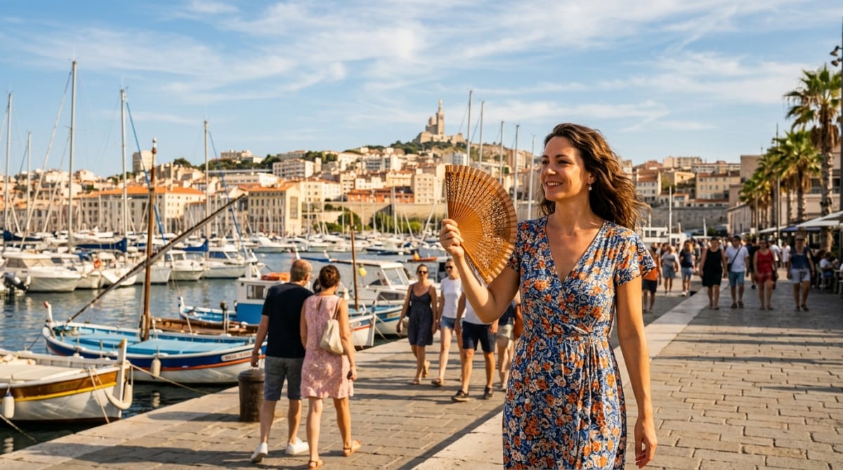 Femme s'éventant sous la chaleur à Marseille