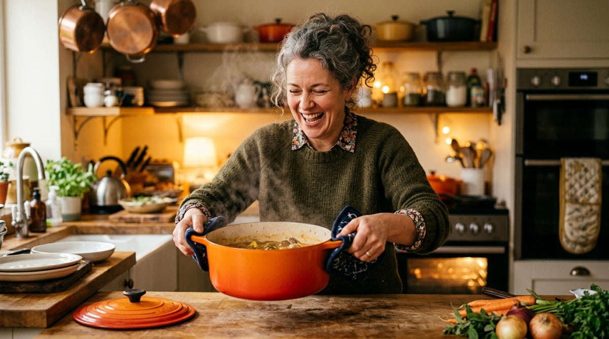 Femme soulevant une cocotte en fonte orange dans sa cuisine