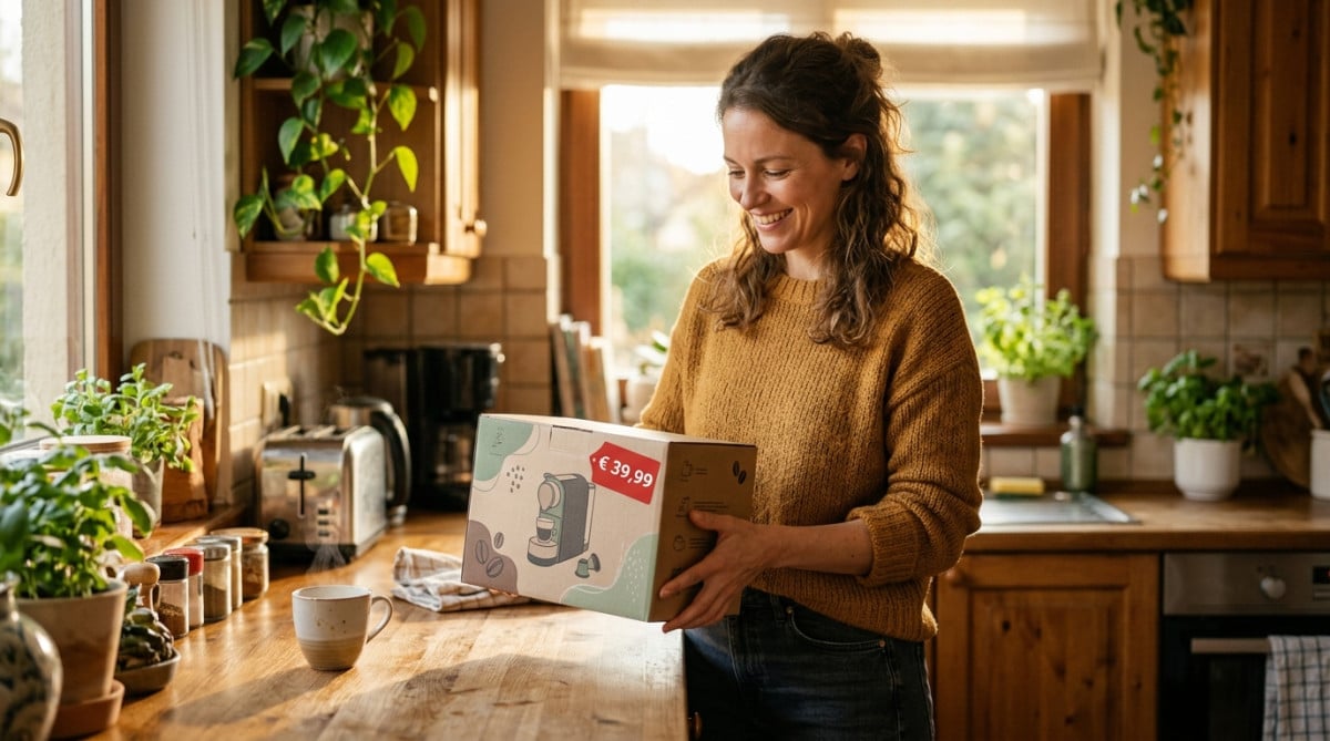 Femme souriante achetant une machine à café à capsules