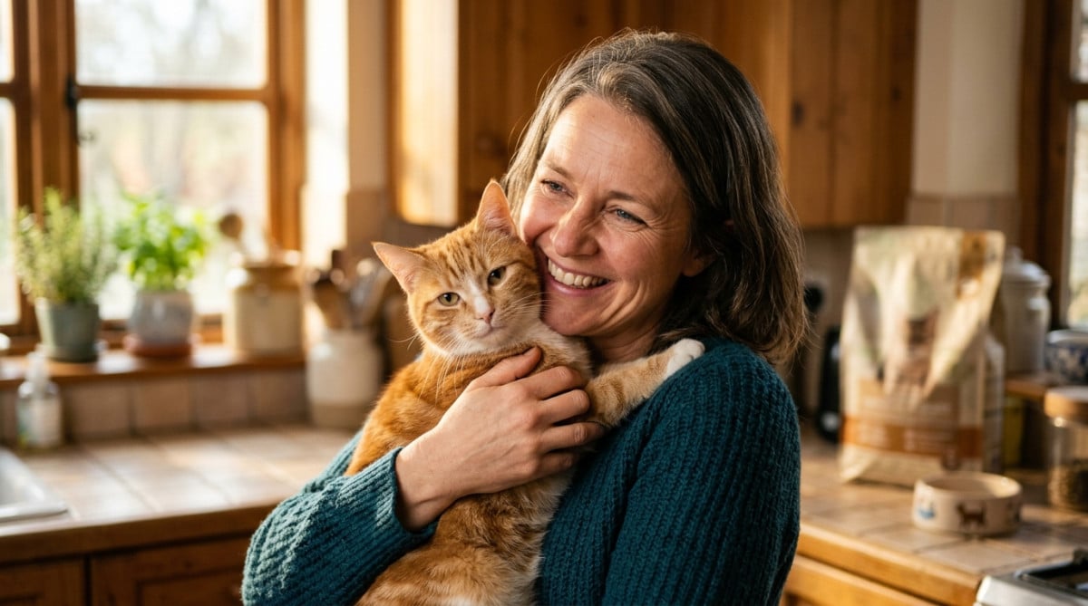 Femme souriante avec son chat et croquettes premium