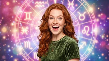 Femme souriante contemplant le ciel doré de l'équinoxe d'automne, ambiance mystique horoscope
