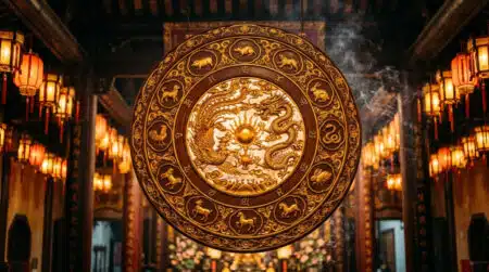 Femme souriante dans une lumière dorée entourée de lanternes rouges et de symboles du zodiaque chinois