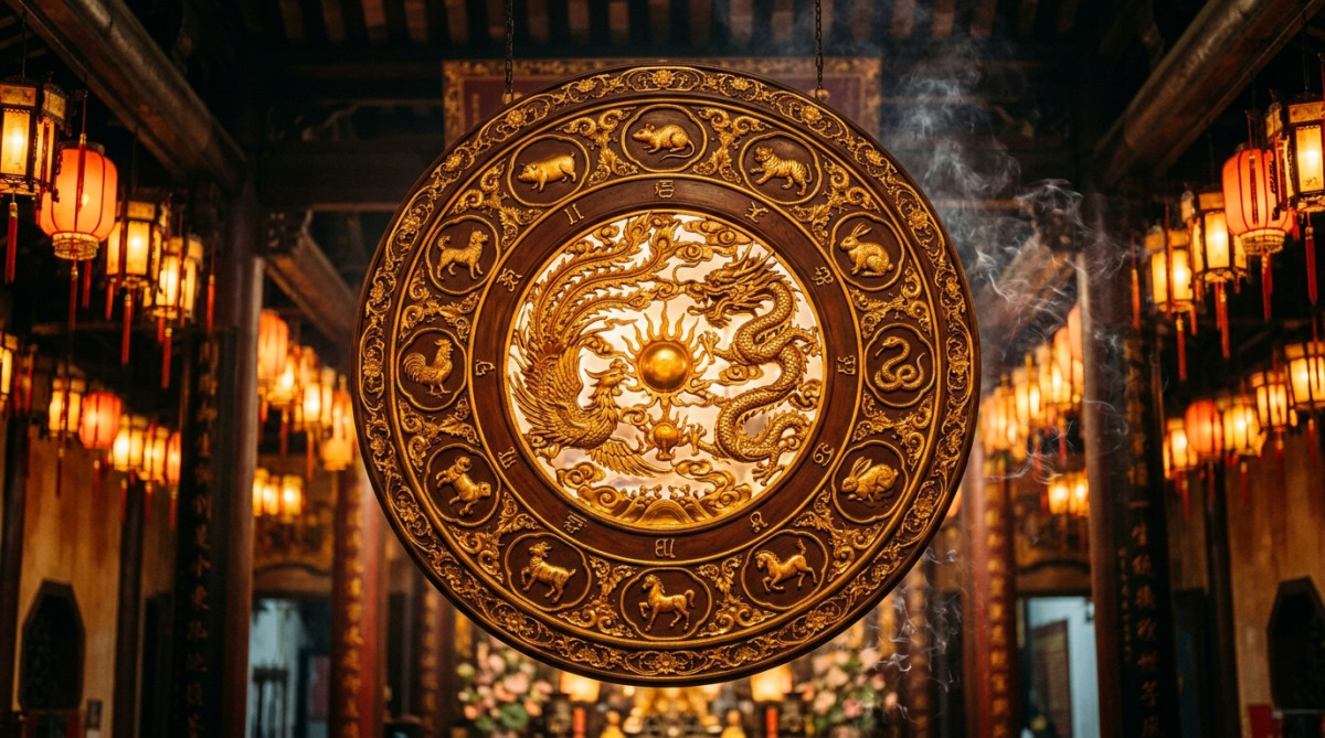 Femme souriante dans une lumière dorée entourée de lanternes rouges et de symboles du zodiaque chinois