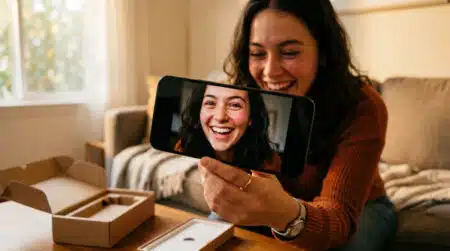 Femme souriante déballant un iPhone neuf