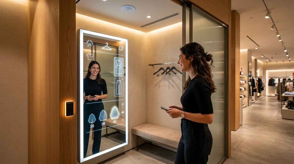 Femme souriante devant un miroir connecté en cabine moderne