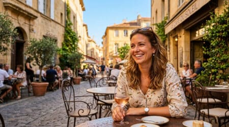 Femme souriante en terrasse sous le soleil du Sud