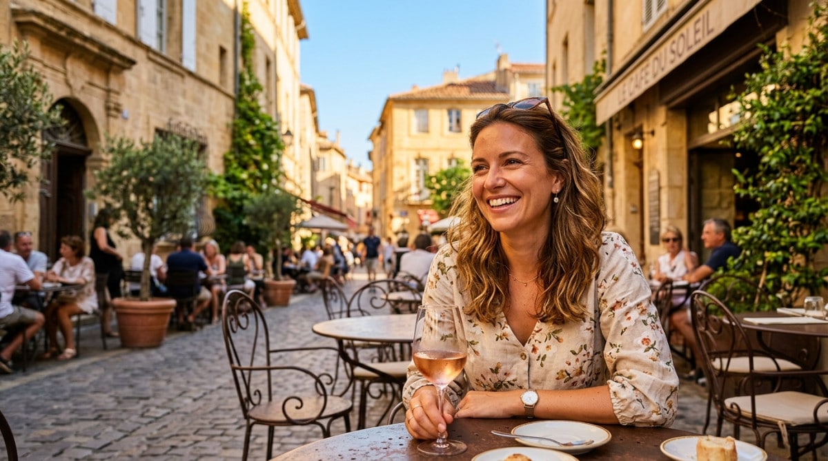 Femme souriante en terrasse sous le soleil du Sud