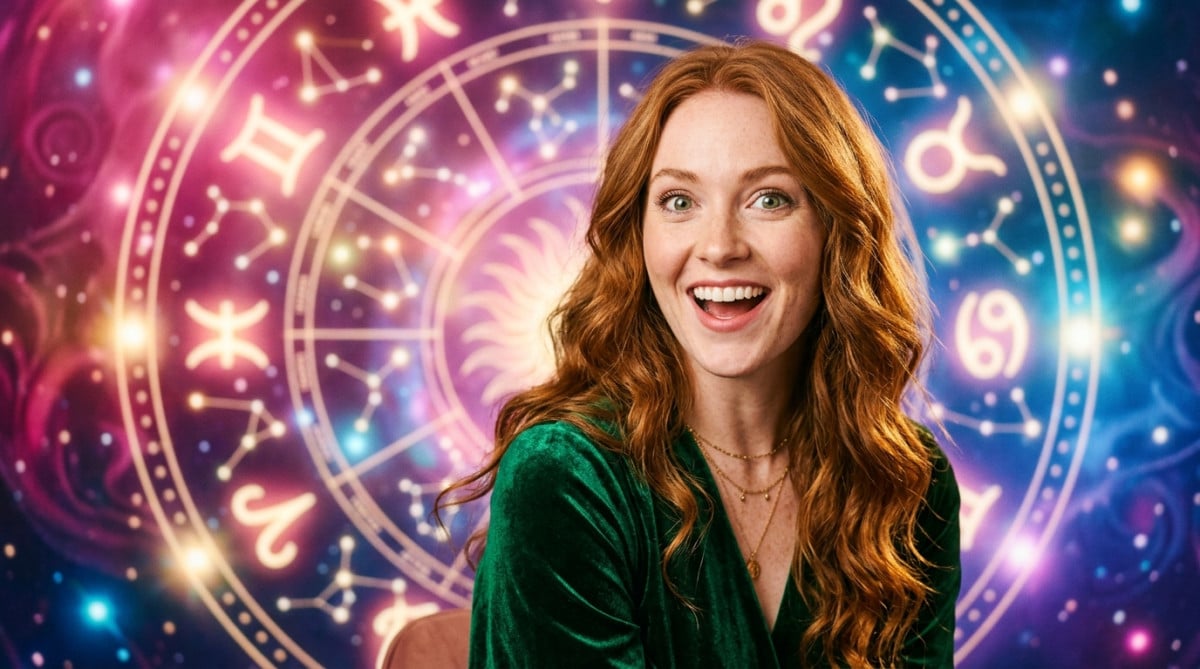 Femme souriante entourée d'étoiles scintillantes dans une ambiance mystique dorée pour l'horoscope du 5 septembre 2026