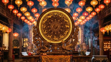 Femme souriante entourée d'une lumière dorée mystique symbolisant l'horoscope chinois du jour