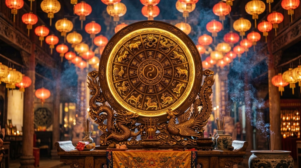 Femme souriante entourée d'une lumière dorée mystique symbolisant l'horoscope chinois du jour