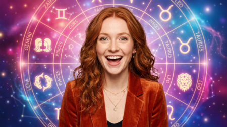 Femme souriante sous un ciel étoilé mystique symbolisant l'horoscope du 28 septembre 2026