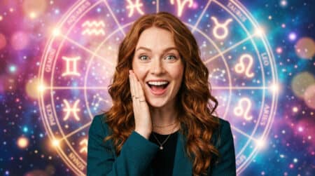 Femme souriante sous un ciel étoilé mystique symbolisant l'horoscope du 7 septembre 2026