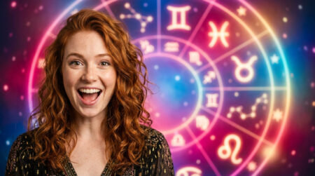 Femme souriante sous un ciel étoilé mystique symbolisant l'horoscope du jour