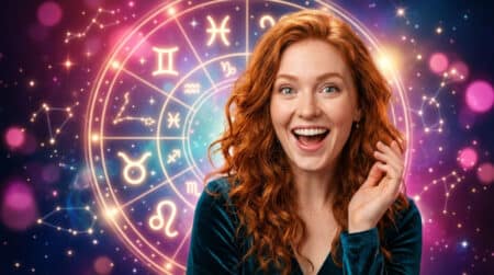 Femme souriante sous un ciel étoilé mystique symbolisant l'horoscope du 18 septembre 2026