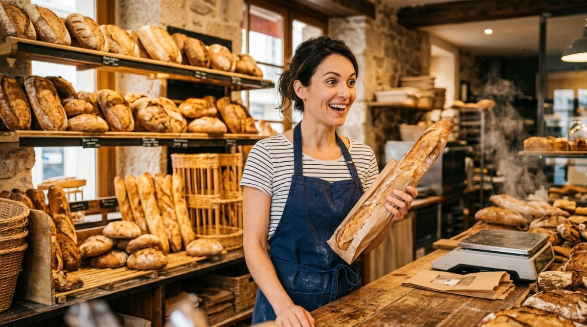 Femme souriante tenant une baguette fraîche en boulangerie