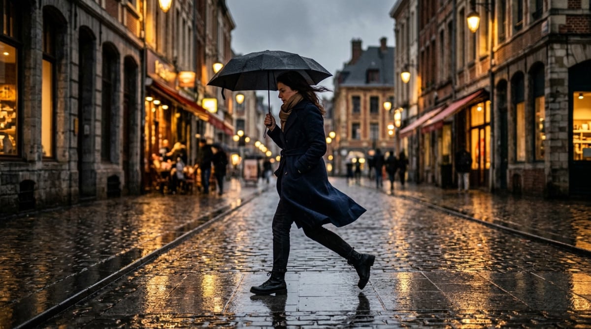 Femme sous la pluie et le vent à Lille