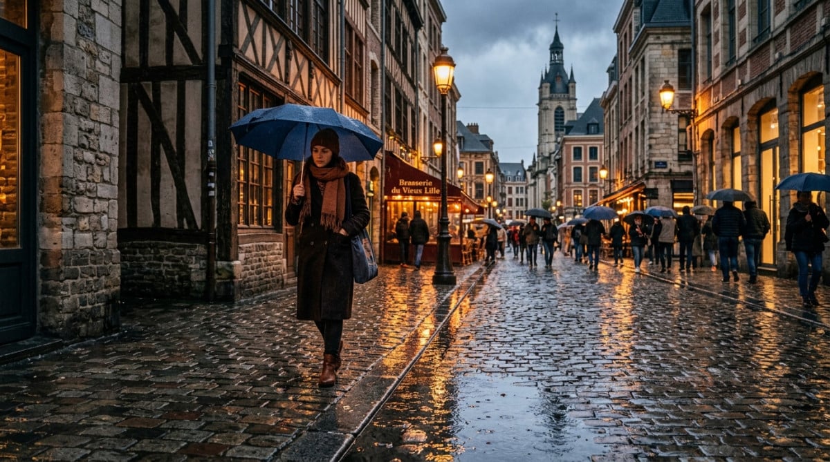 Femme sous un parapluie dans une rue pluvieuse du Nord
