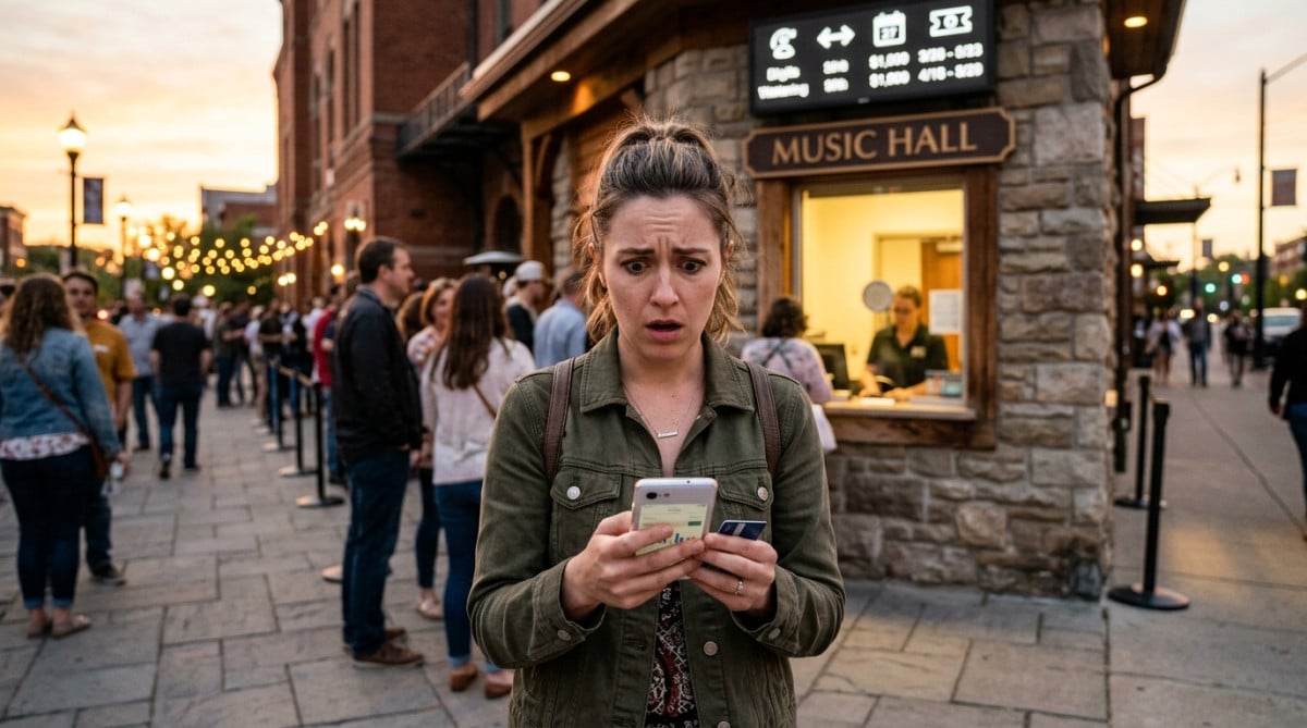 Femme surprise devant le prix d'un billet de concert