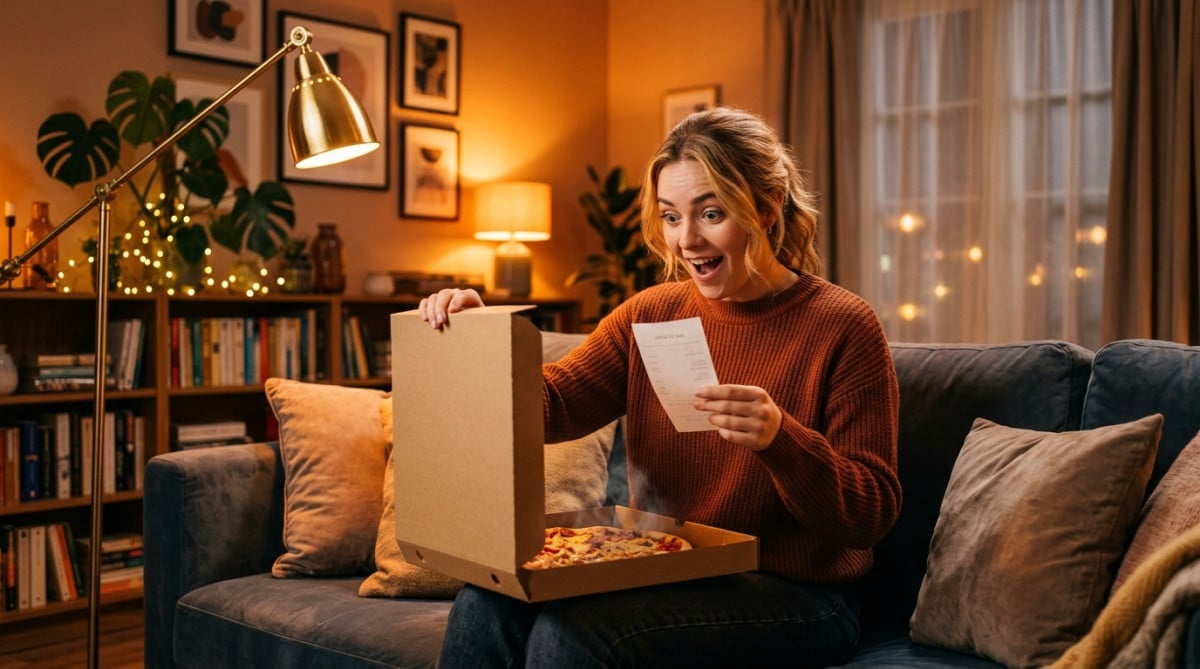 Femme surprise devant le prix d'une pizza livrée à domicile