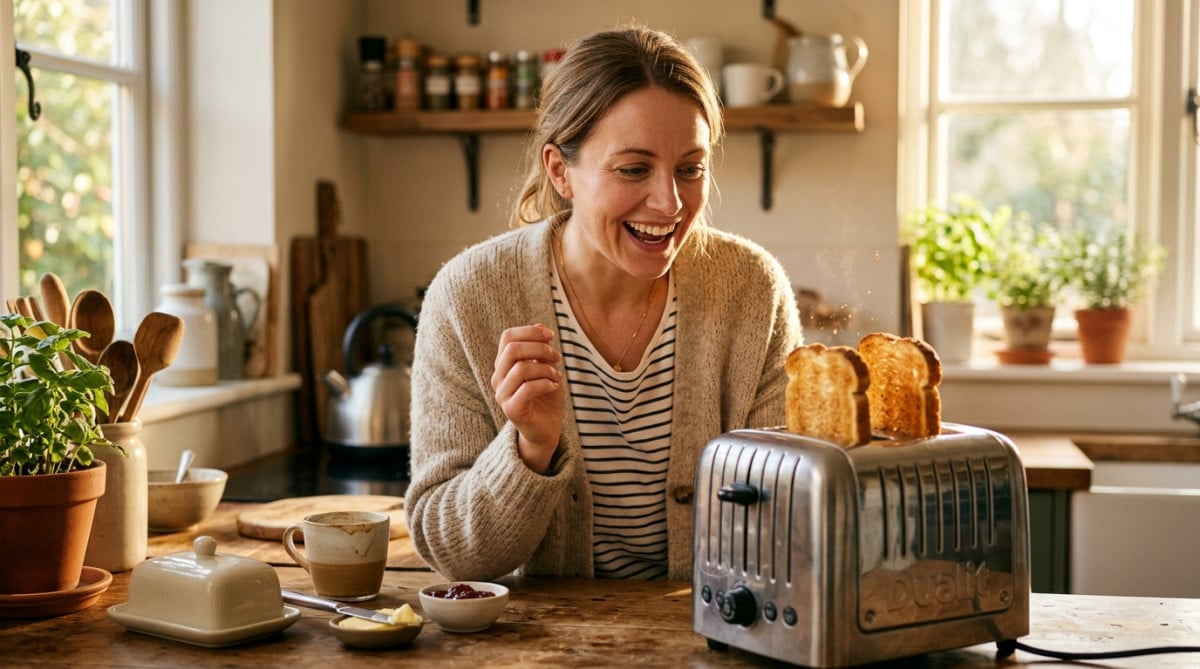 Femme surprise devant son toast parfaitement doré