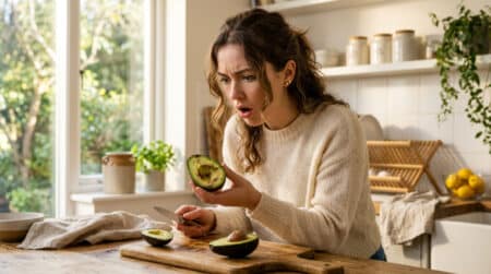 Femme surprise devant un avocat coupé qui brunit