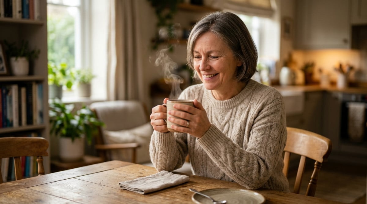 Femme tenant une tasse de café chaud à la maison