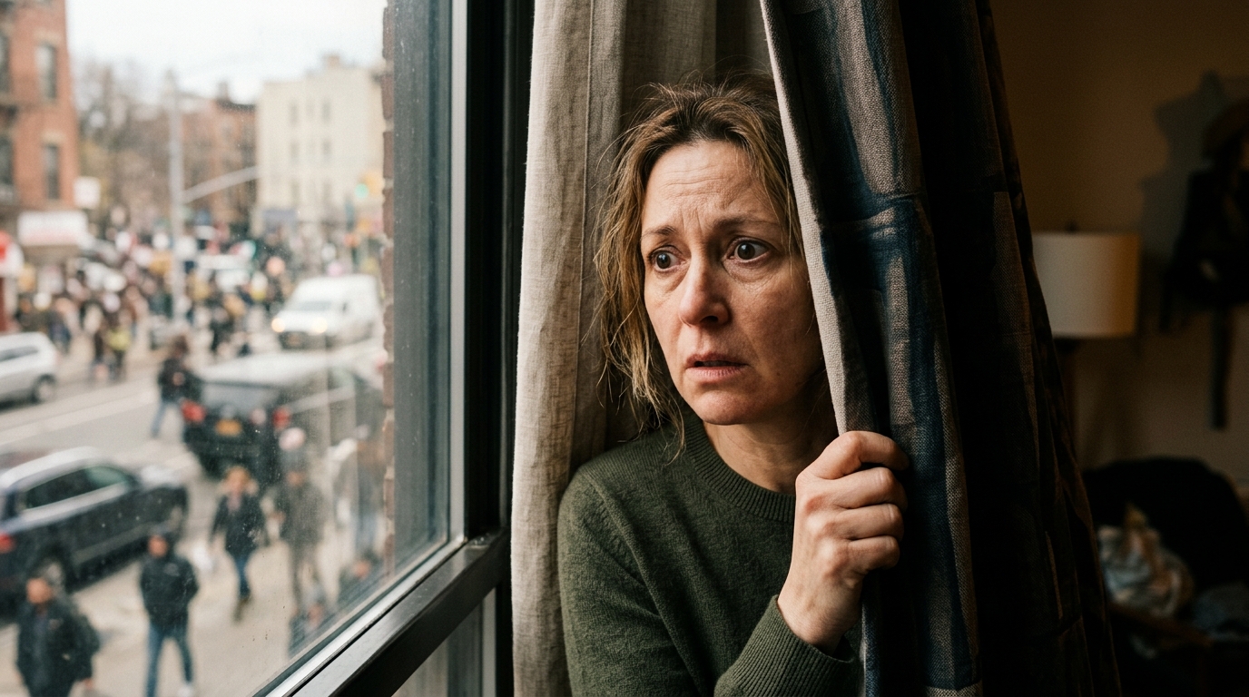 Habitant inquiet observant la rue depuis sa fenêtre