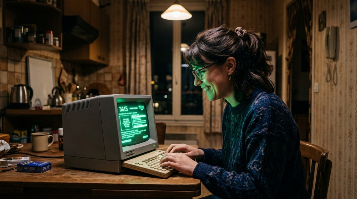 Femme utilisant le clavier rétractable du Minitel la nuit