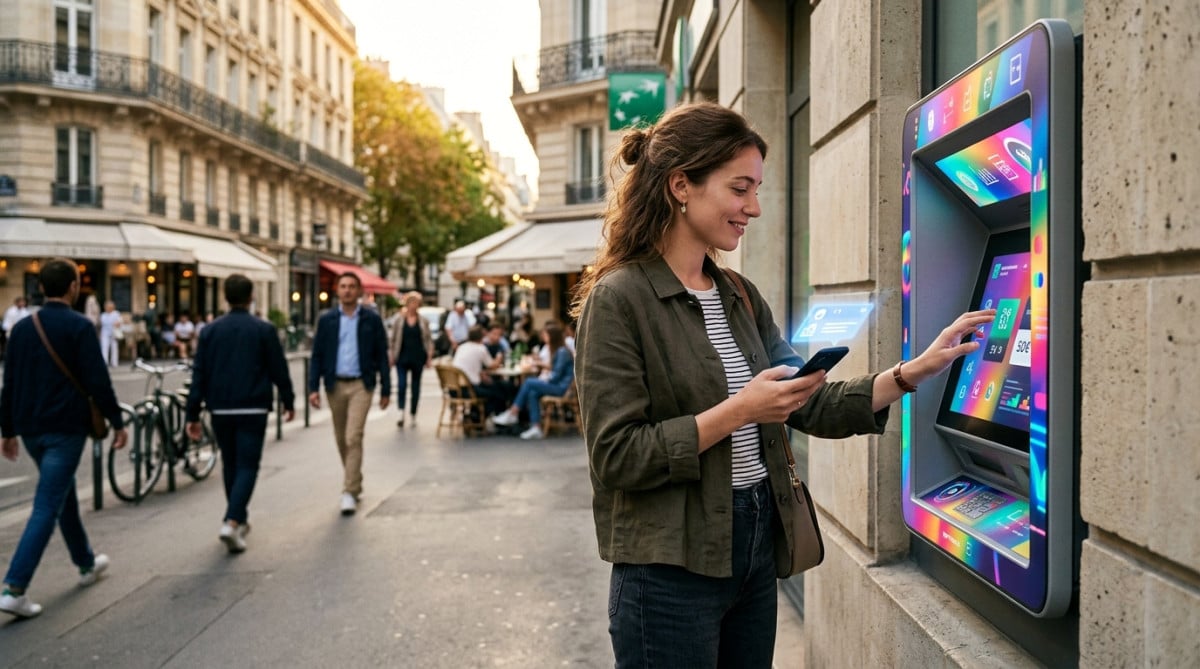 Femme utilisant un distributeur bancaire moderne en 2026
