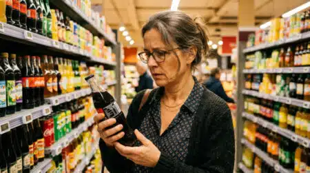 Femme vérifiant l'étiquette de sucre d'une boisson