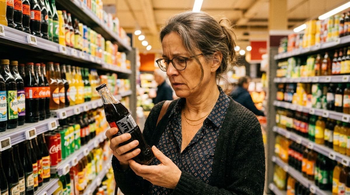 Femme vérifiant l'étiquette de sucre d'une boisson