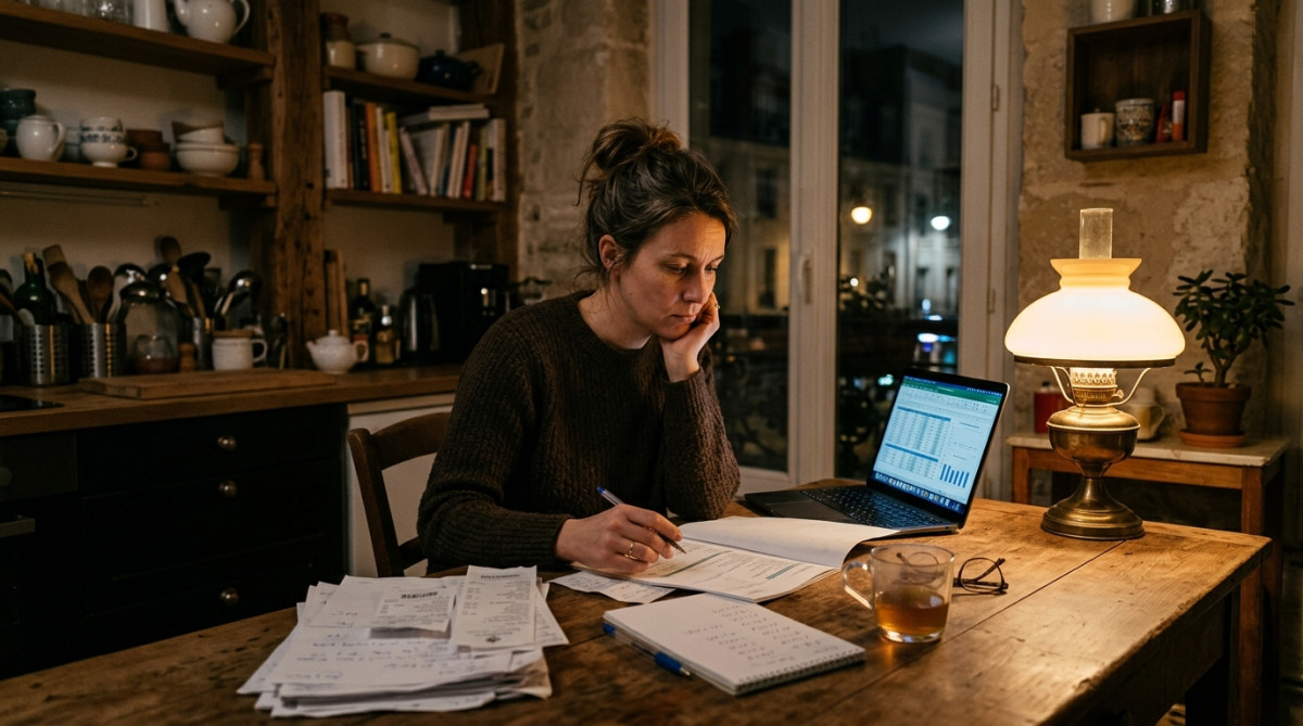 Femme vérifiant ses factures et son budget le soir