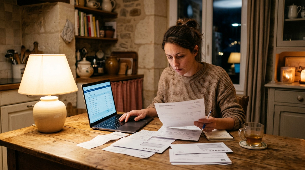 Femme vérifiant ses factures le soir à la maison