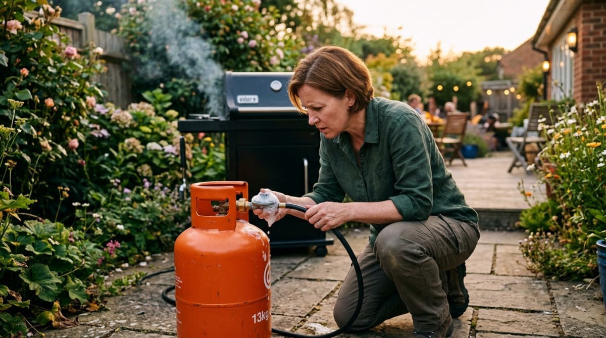 Femme vérifiant une fuite de gaz avant barbecue
