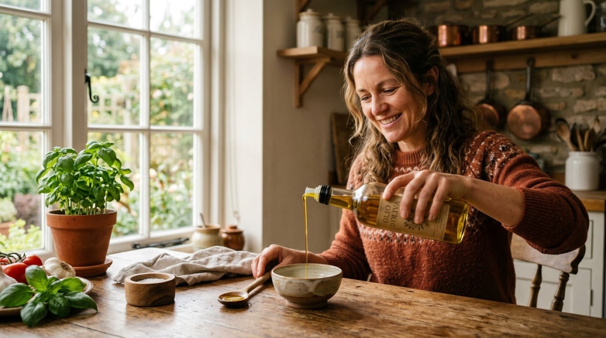 Femme versant de l'huile d'olive en filet régulier
