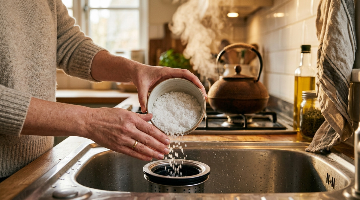 Femme versant du gros sel dans l'évier de cuisine
