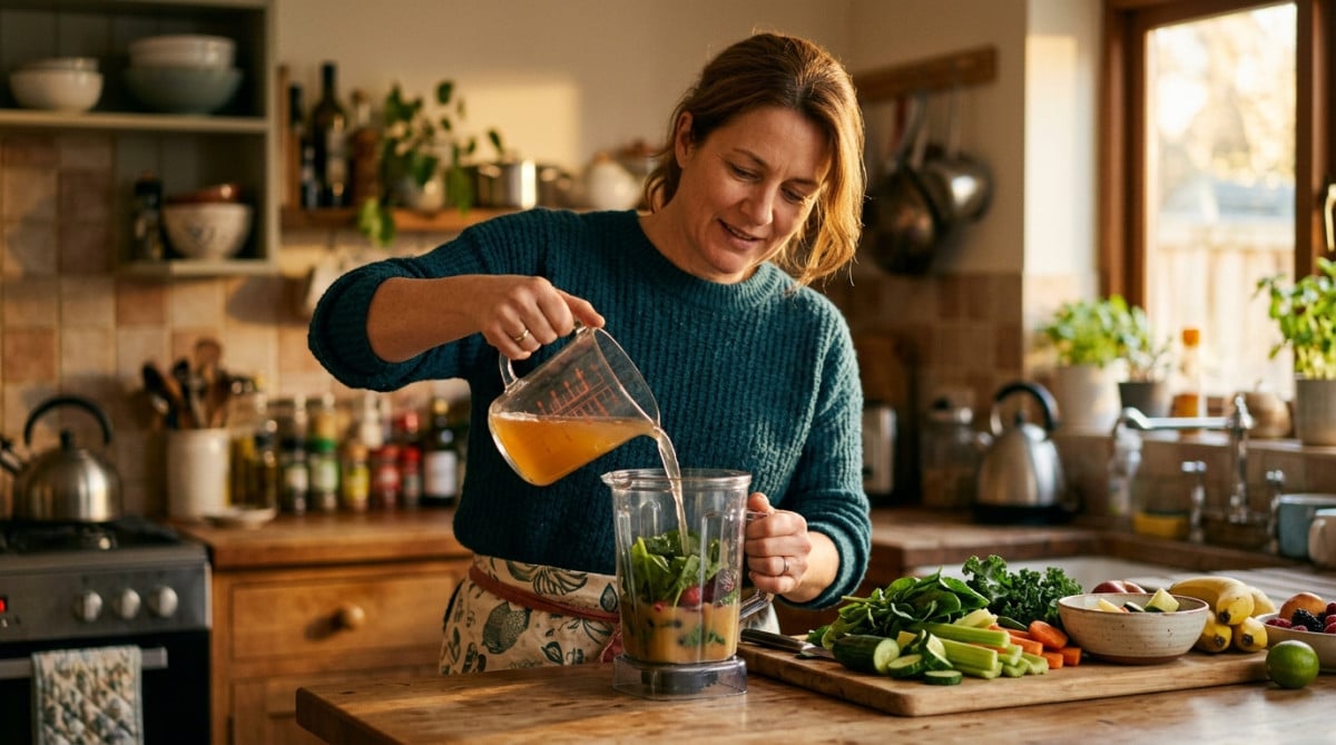 Femme versant du liquide dans un mixeur avant les légumes