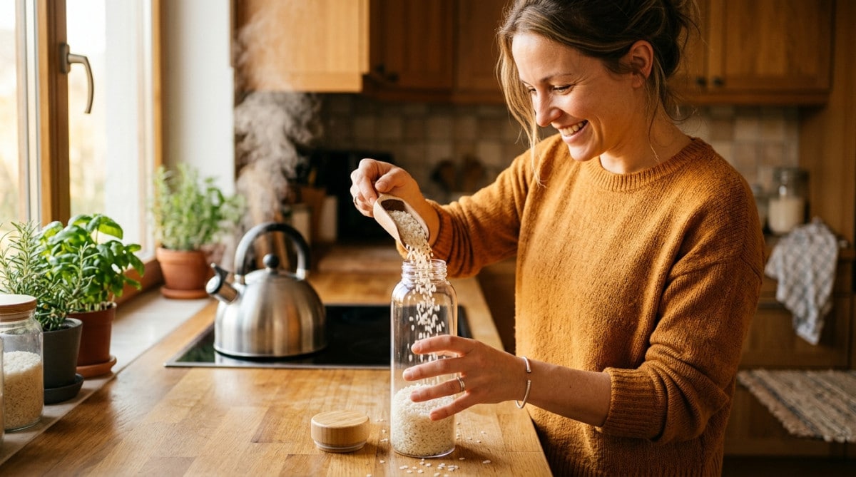 Femme versant du riz cru dans une gourde réutilisable