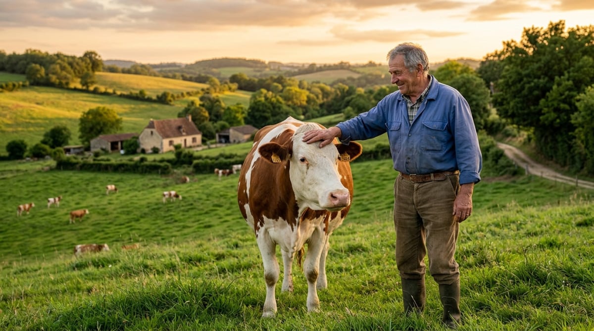 Fermier français caressant une vache laitière au coucher du soleil
