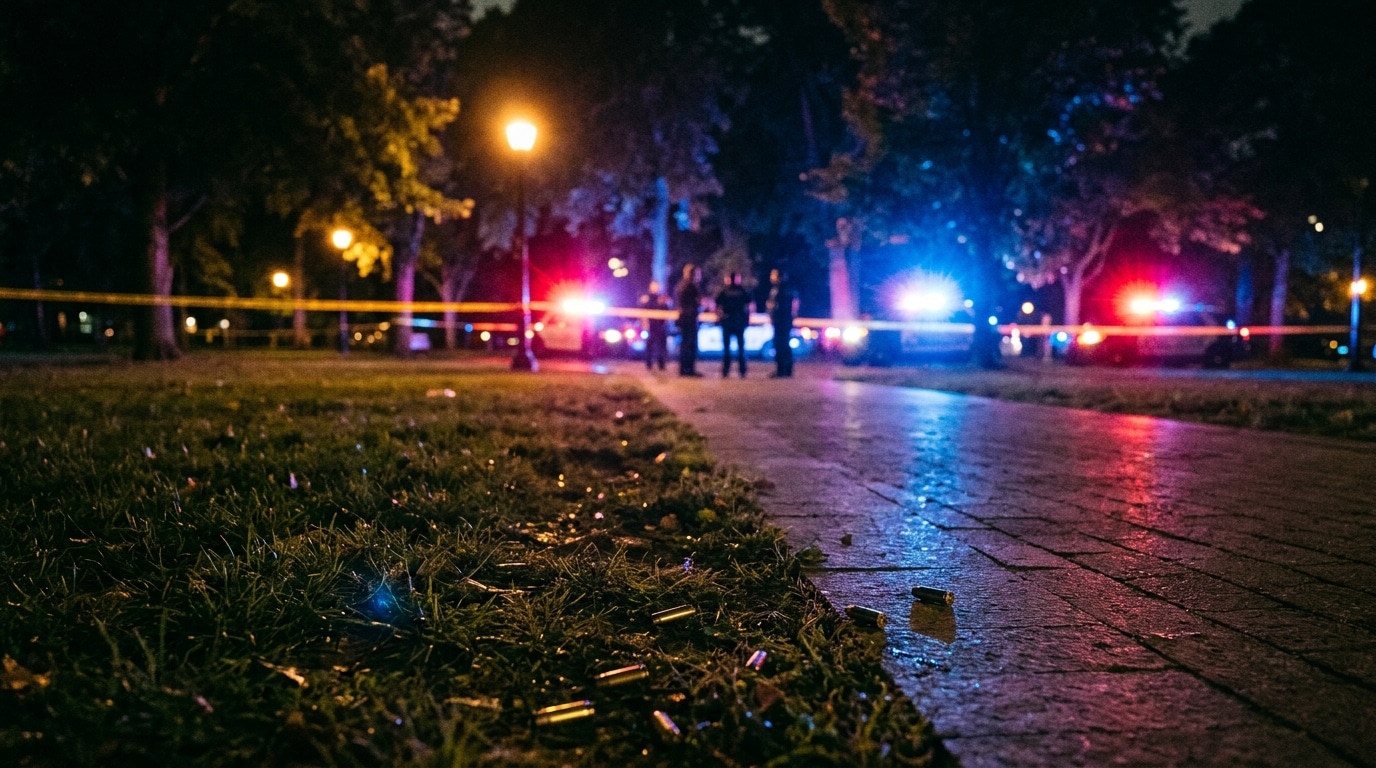Parc nocturne éclairé par des gyrophares de police