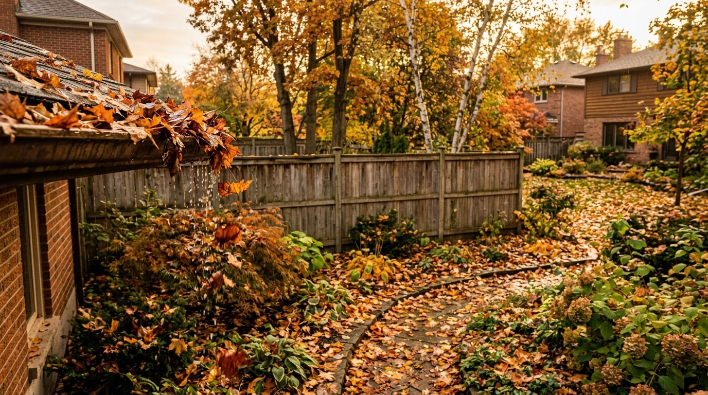 Jardin envahi de feuilles mortes près d'une clôture