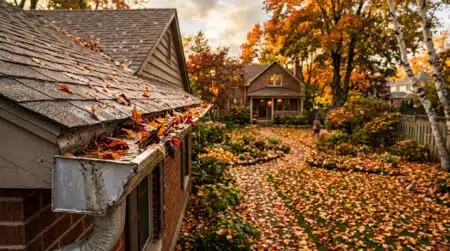 Gouttière obstruée par des feuilles mortes d'automne