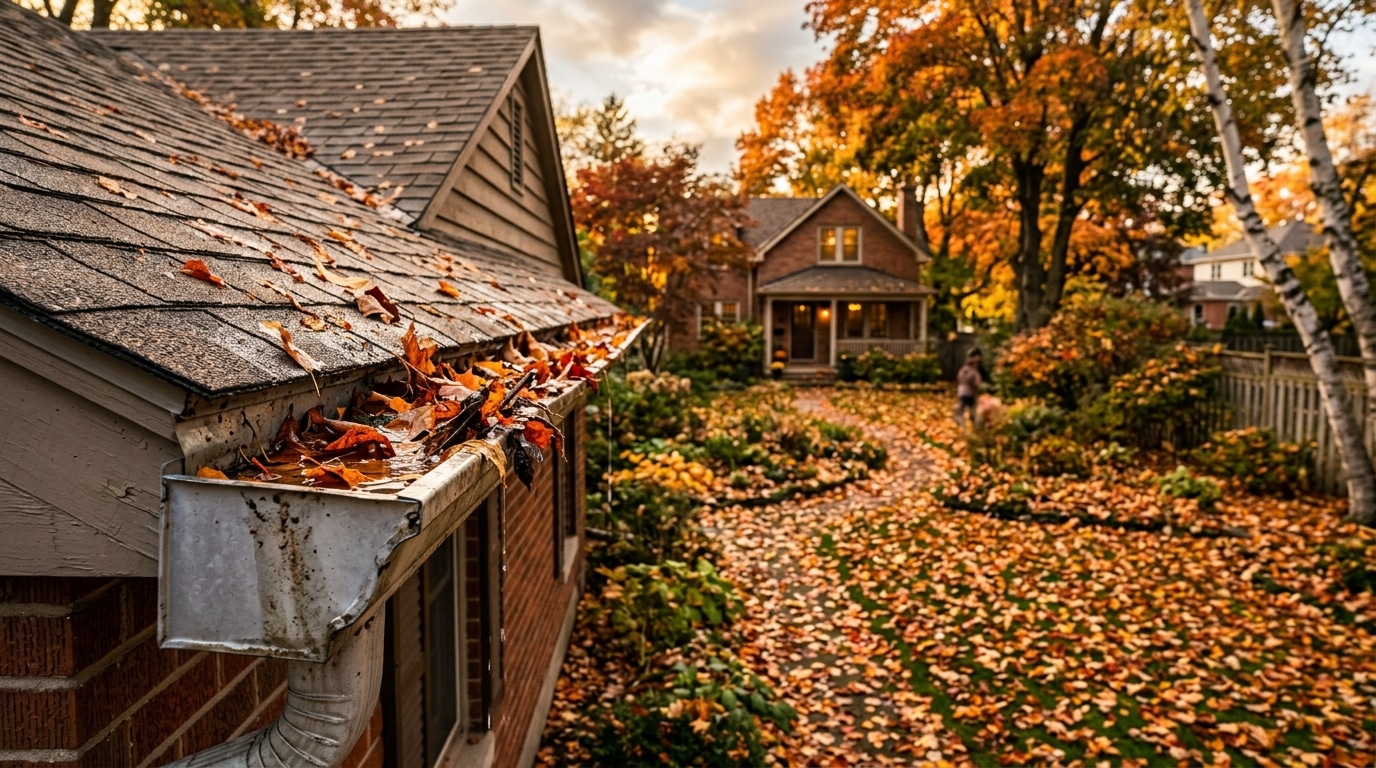 Gouttière obstruée par des feuilles mortes d'automne