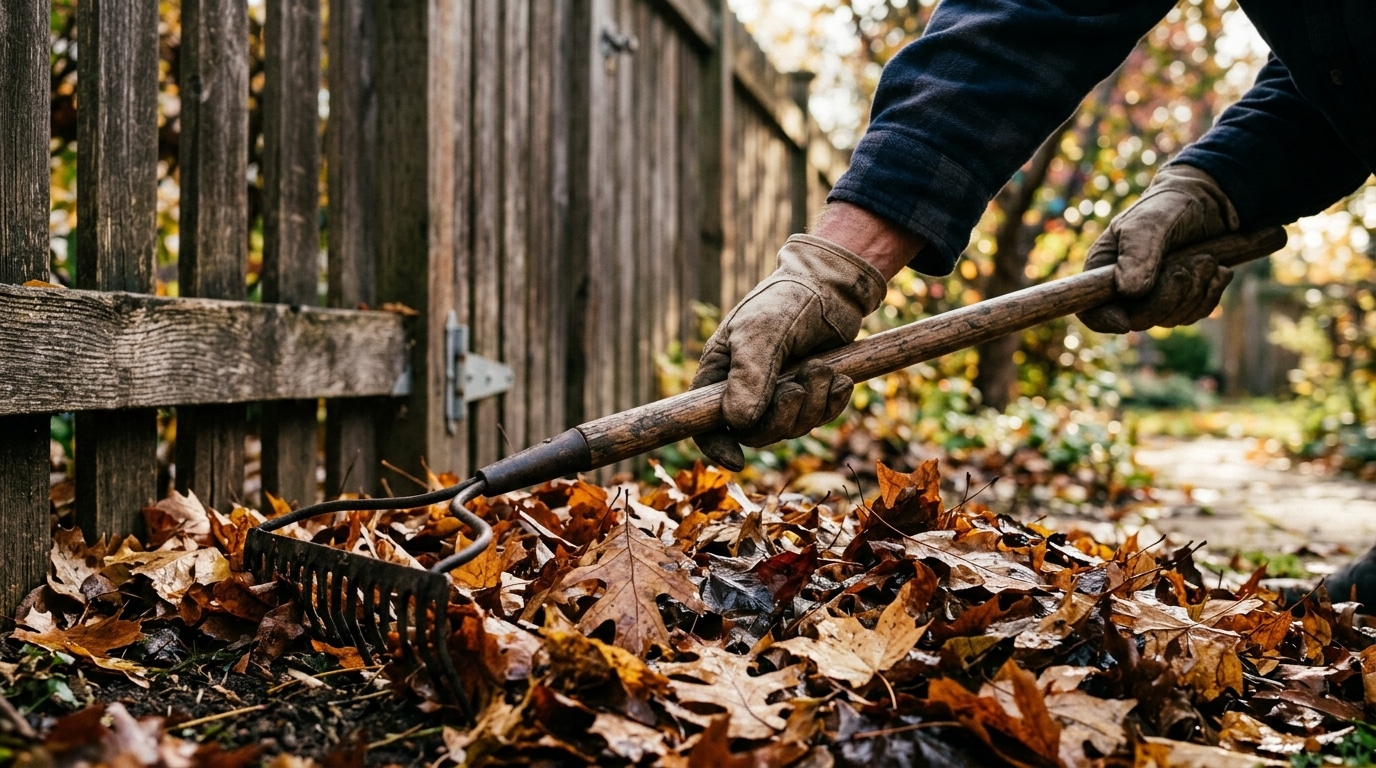 Mains ratissant des feuilles près d'une clôture