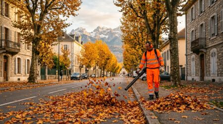 Agent municipal ramassant des feuilles mortes en automne