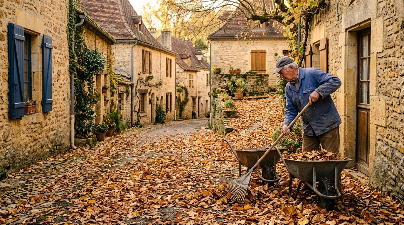 Rue de village en Dordogne recouverte de feuilles d'automne