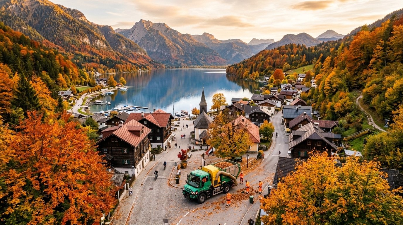 Vue d'une ville alpine entourée de forêts aux couleurs automnales