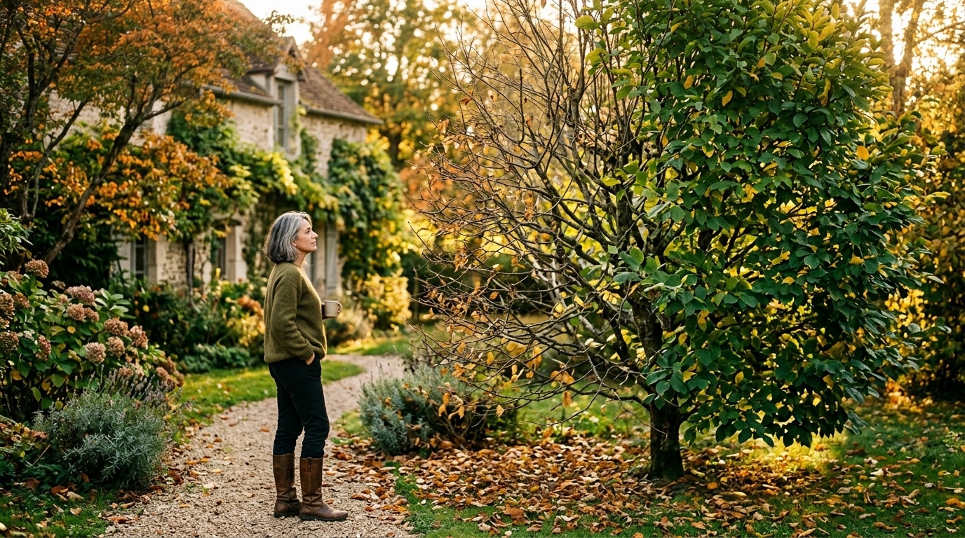 Homme observant un arbre aux feuilles tombées d'un seul côté